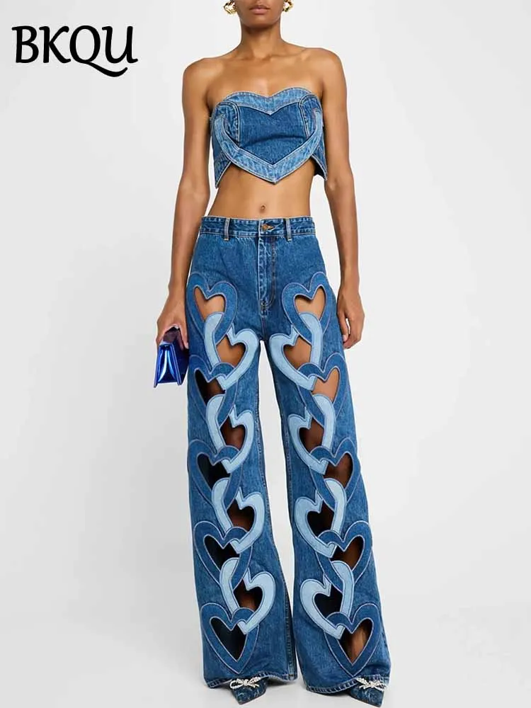 BKQU Denim Pants Two Piece Set Women Colorblock Vintage Strapless Love Tank Tops Wide Leg Hollow Out Jeans Fashion Street Outfit
BKQU Denim Pants Two Piece Set Women Colorblock Vintage Strapless Love Tank Tops Wide Leg Hollow Out Jeans Fashion Street Outfit