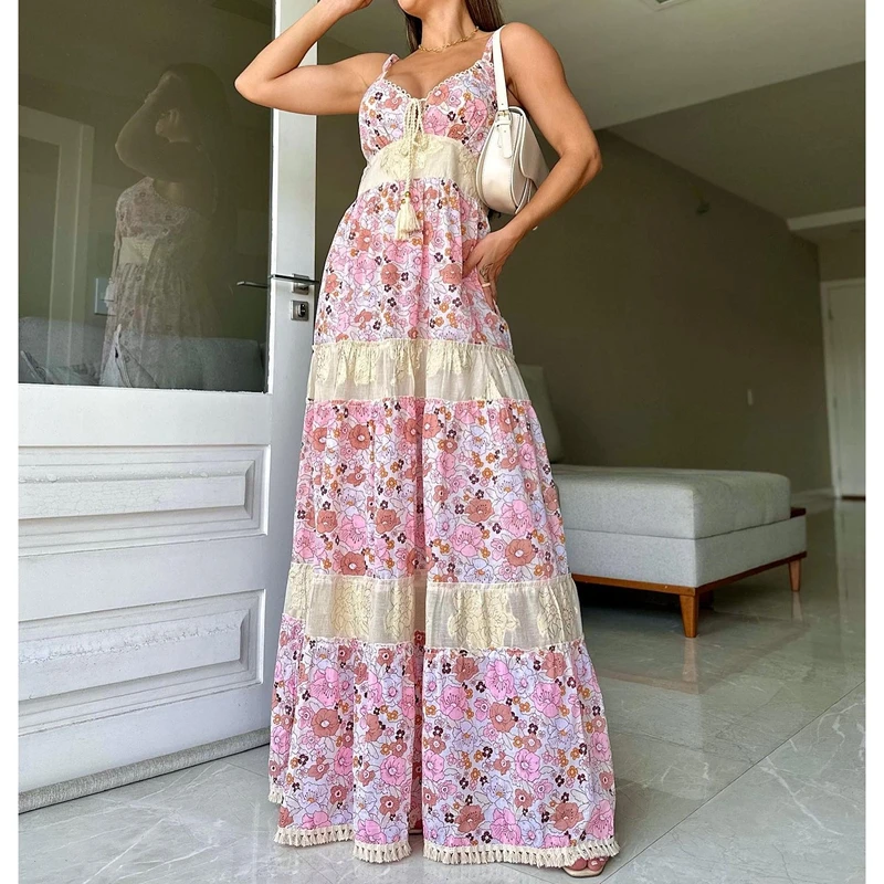 Combhasaki Women Floral Print Patchwork Tie-up Tassel Front Deep V Neck Adjustable Strap Backless Smocked A-line Long Cami Dress
Combhasaki Women Floral Print Patchwork Tie-up Tassel Front Deep V Neck Adjustable Strap Backless Smocked A-line Long Cami Dress