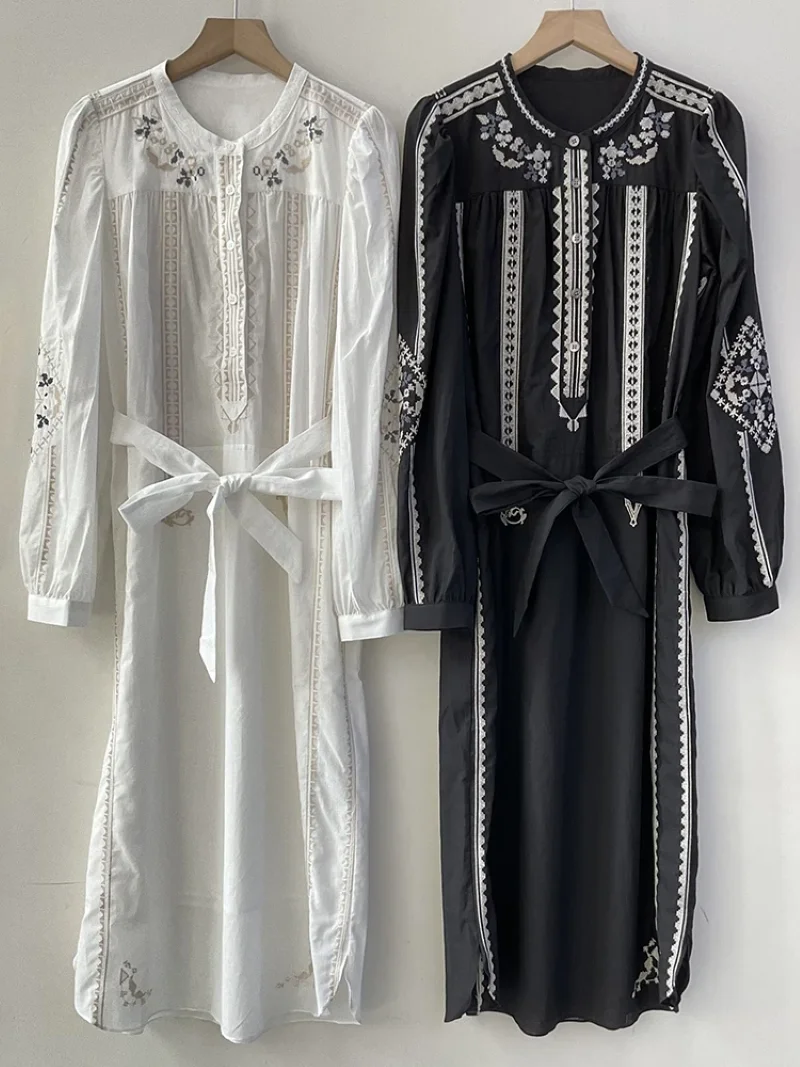 Flower Embroidery Women's Midi Dress 2025 New Lace-up Waist Round Neck Long Sleeve Elegant Ladies Robe
Flower Embroidery Women's Midi Dress 2025 New Lace-up Waist Round Neck Long Sleeve Elegant Ladies Robe