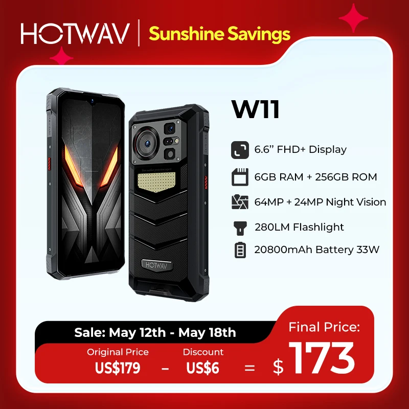 HOTWAV W11 Rugged Phone 280LM Flashlight 6.6'' FHD+ 20800mAh Battery Smartphone 24MP Night Vision 33W Fast Charging Mobile Phone
HOTWAV W11 Rugged Phone 280LM Flashlight 6.6'' FHD+ 20800mAh Battery Smartphone 24MP Night Vision 33W Fast Charging Mobile Phone
