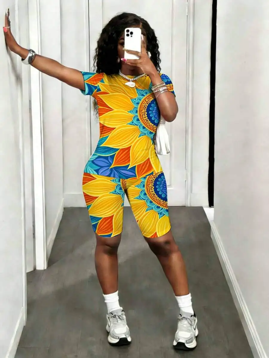 Womens Two Piece Sunflower Print Short Sleeve Top And Shorts Set
Womens Two Piece Sunflower Print Short Sleeve Top And Shorts Set