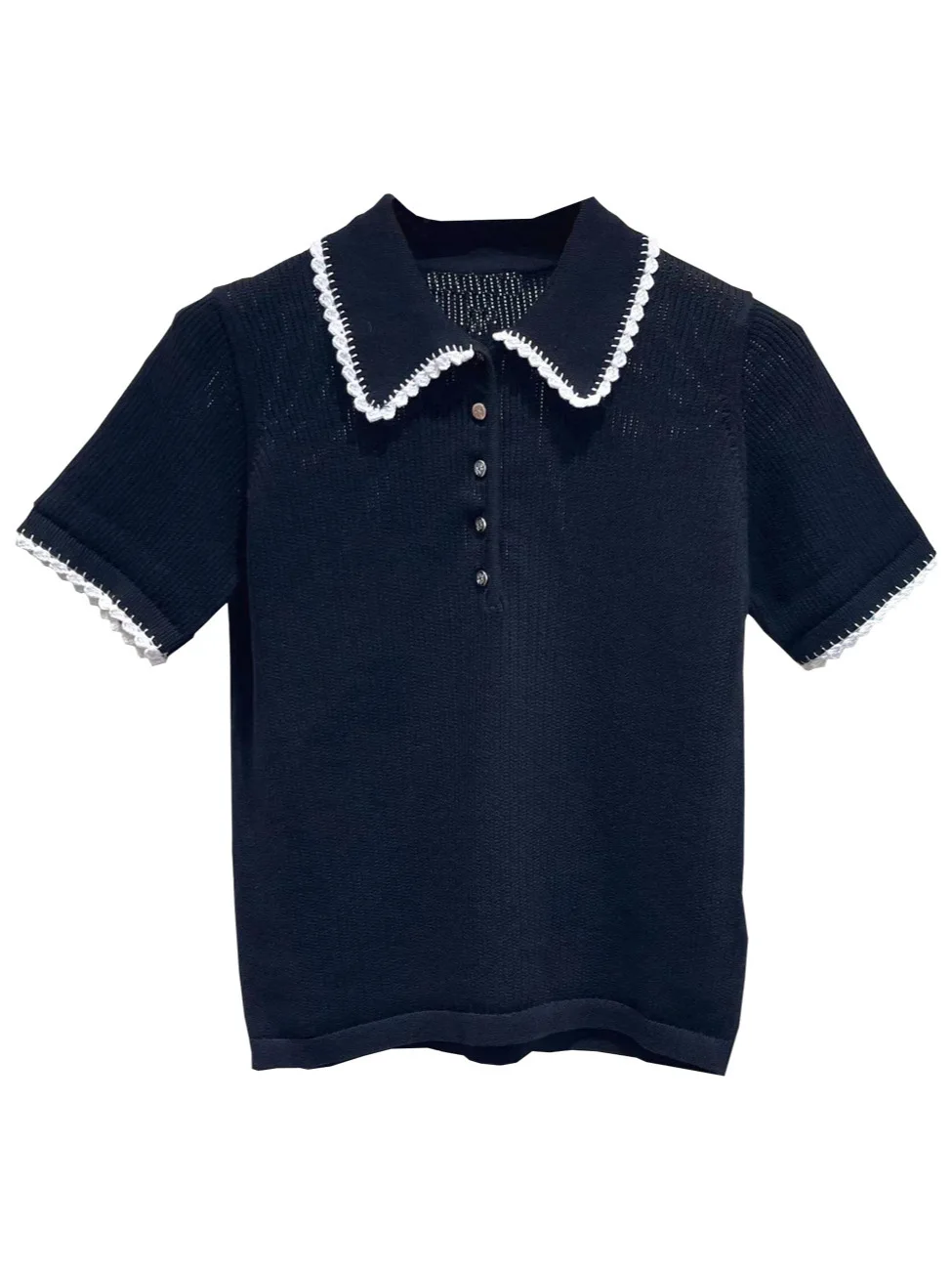 Women Black Knitted Sweater Contrast Color Turn-Down Collar with Buttons Short Sleeve Slim Pullover Knitwear
Women Black Knitted Sweater Contrast Color Turn-Down Collar with Buttons Short Sleeve Slim Pullover Knitwear