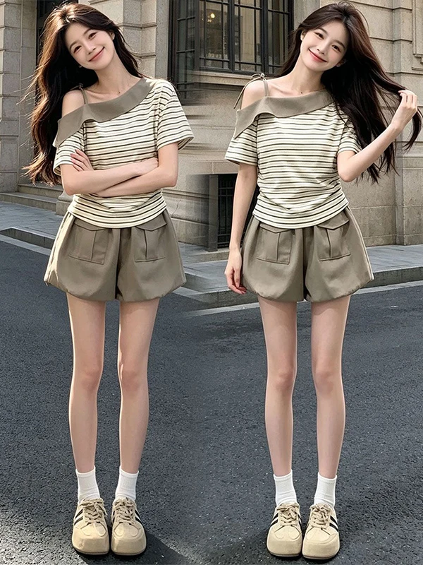 Summer 2026 New Gentle Striped Shoulder Bared T Shirt Short Sleeve Slimming Two Piece Set Short Pants Fashionable Women's Wear
Summer 2026 New Gentle Striped Shoulder Bared T Shirt Short Sleeve Slimming Two Piece Set Short Pants Fashionable Women's Wear