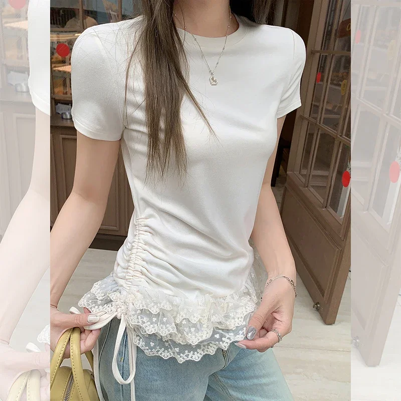 Pop Korean Style Chic Lace Hem Round Collar T-shirts Women New Summer Short Sleeve Slim T Shirt Woman Casual Tees Tops
Pop Korean Style Chic Lace Hem Round Collar T-shirts Women New Summer Short Sleeve Slim T Shirt Woman Casual Tees Tops