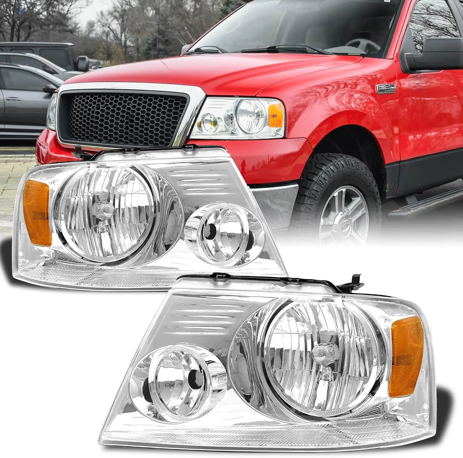 For 2004-2008 Ford Pickup F150 Headlight Headlamp Assembly Replacement Chrome Housing Amber Reflector Passenger and Driver Side
For 2004-2008 Ford Pickup F150 Headlight Headlamp Assembly Replacement Chrome Housing Amber Reflector Passenger and Driver Side