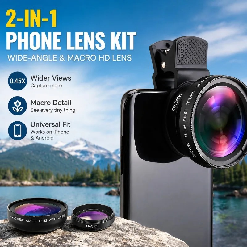 2-in-1 External Phone Lens 0.45X Wide Angle Plus 12.5X Macro Optics High Definition Camera Accessory for Selfies Video Shooting
2-in-1 External Phone Lens 0.45X Wide Angle Plus 12.5X Macro Optics High Definition Camera Accessory for Selfies Video Shooting