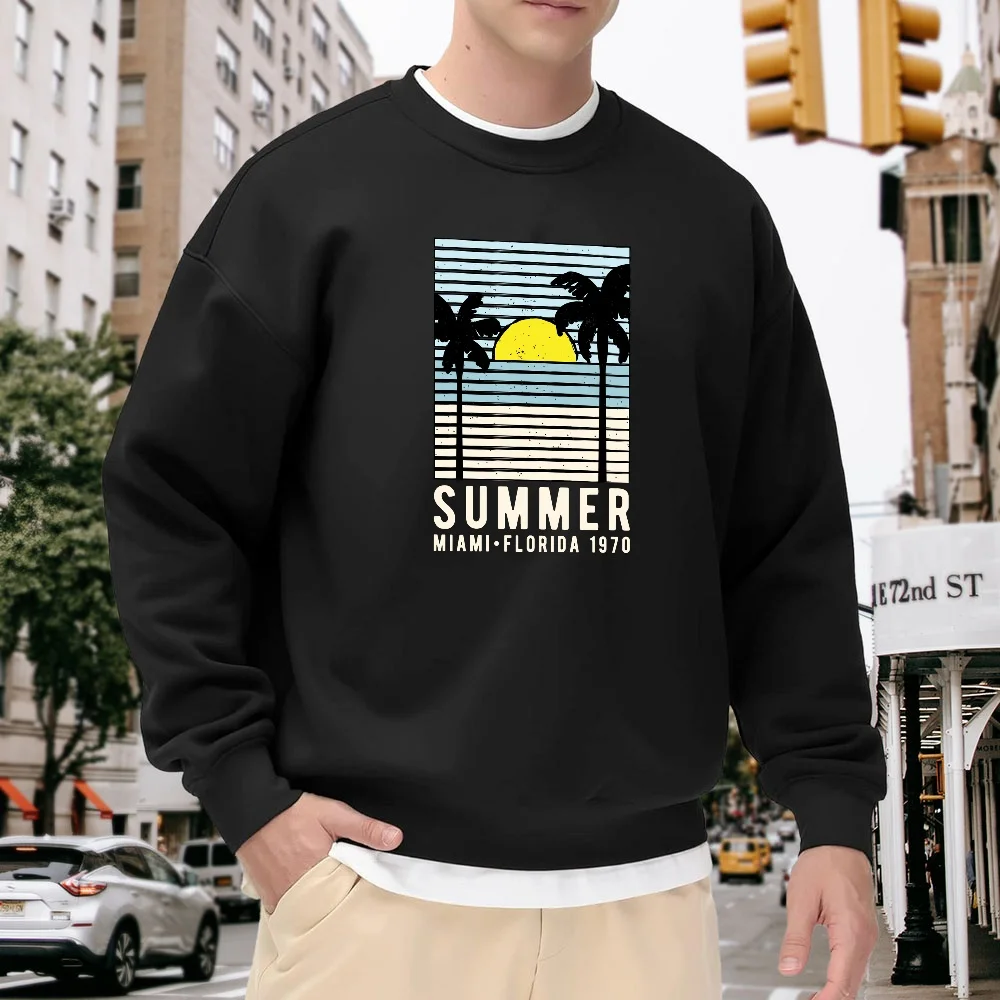 Men's Black Crew Neck Pullover Sweatshirt, Vintage Miami Print Loose Top, Casual Street Style Versatile Piece, Comfortable and Breathable for Everyday Wear
Men's Black Crew Neck Pullover Sweatshirt, Vintage Miami Print Loose Top, Casual Street Style Versatile Piece, Comfortable and Breathable for Everyday Wear
