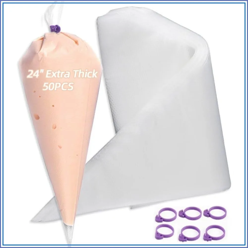 24 Inch Extra Large Disposable Piping Bags, 50 Pack Thick Pastry Bags with 6 Ties, Heavy Duty Icing Bags for Cake Decorating
24 Inch Extra Large Disposable Piping Bags, 50 Pack Thick Pastry Bags with 6 Ties, Heavy Duty Icing Bags for Cake Decorating