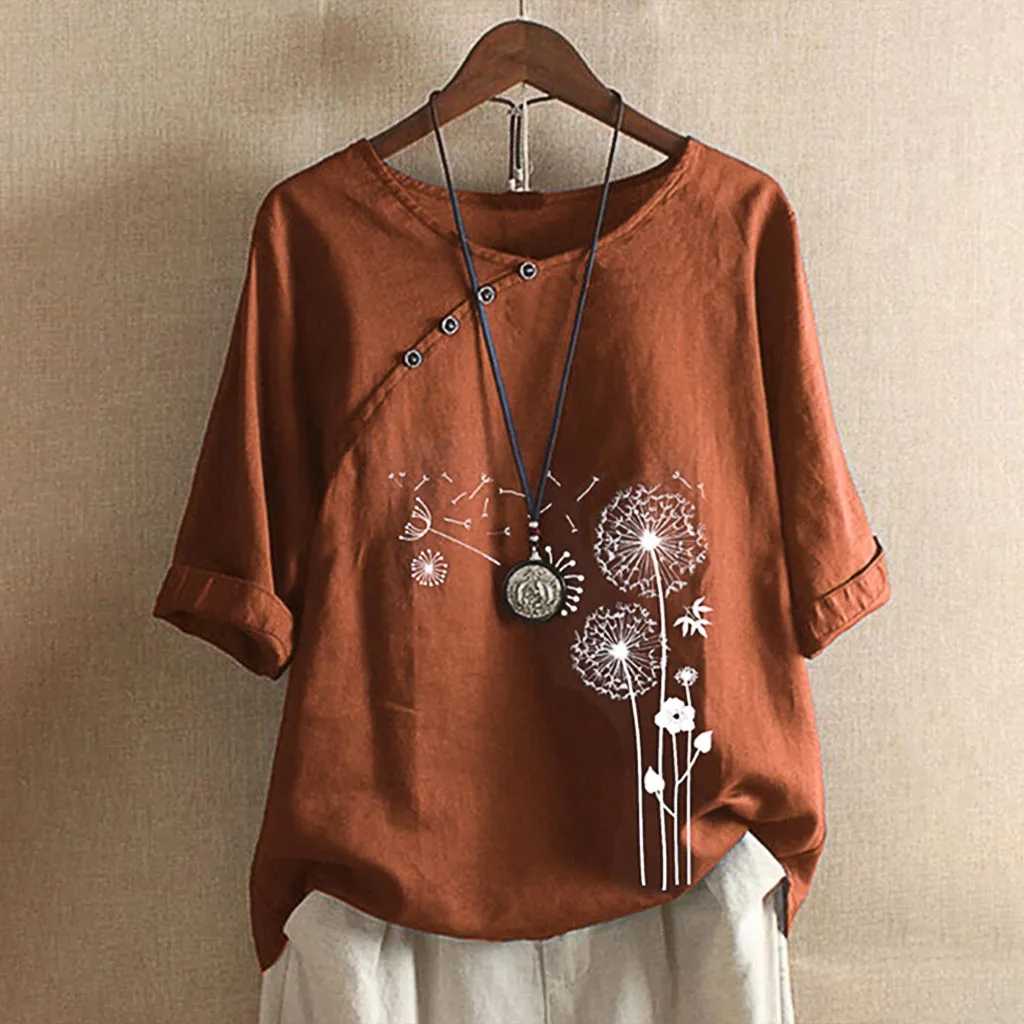 Women's Casual Cotton Linen Dandelion Printed Button Round Neck Short Sleeved T-shirt Top Loose Fashion Women's Blouse ropa
Women's Casual Cotton Linen Dandelion Printed Button Round Neck Short Sleeved T-shirt Top Loose Fashion Women's Blouse ropa
