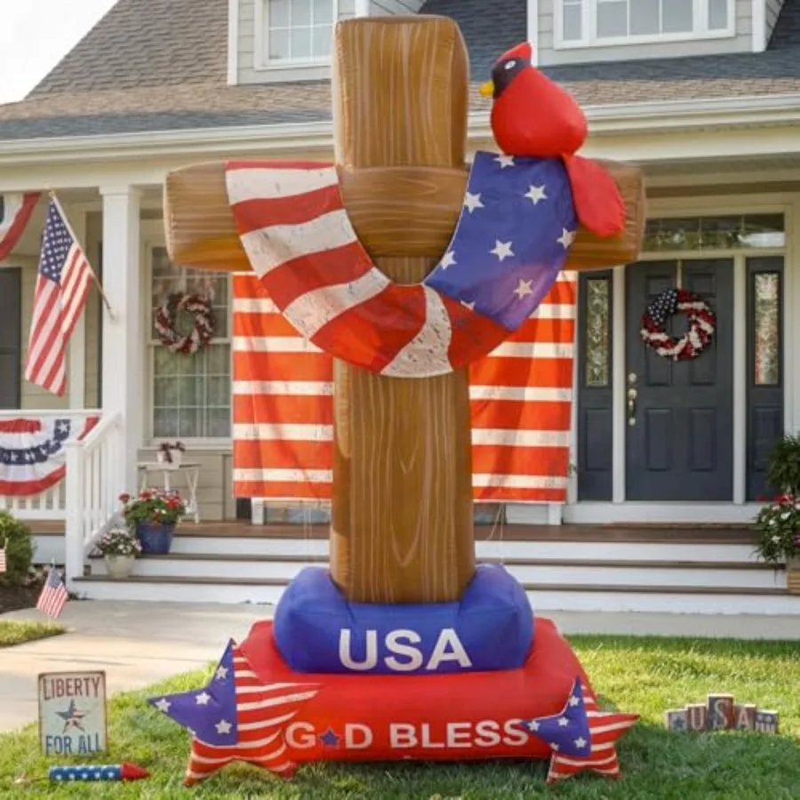 Outdoor 8 FT 4th of July inflatable cross with cardinal, American flag stars in red-white-blue; weather-resistant vinyl; built-
Outdoor 8 FT 4th of July inflatable cross with cardinal, American flag stars in red-white-blue; weather-resistant vinyl; built-