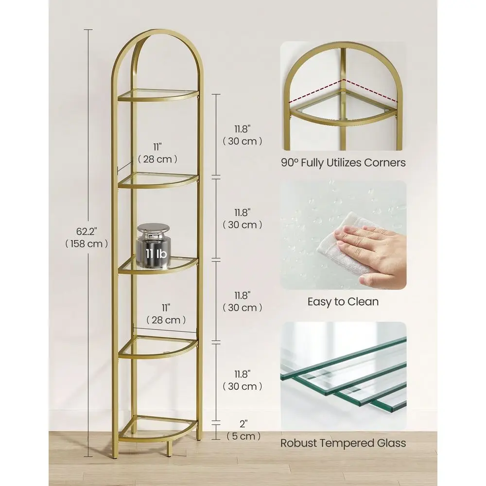 Corner Shelf Stand, 5 Tier Corner Bookshelf, Tempered Glass Shelves, Modern Style, Plant Stand With Steel Frame For Living Room
Corner Shelf Stand, 5 Tier Corner Bookshelf, Tempered Glass Shelves, Modern Style, Plant Stand With Steel Frame For Living Room