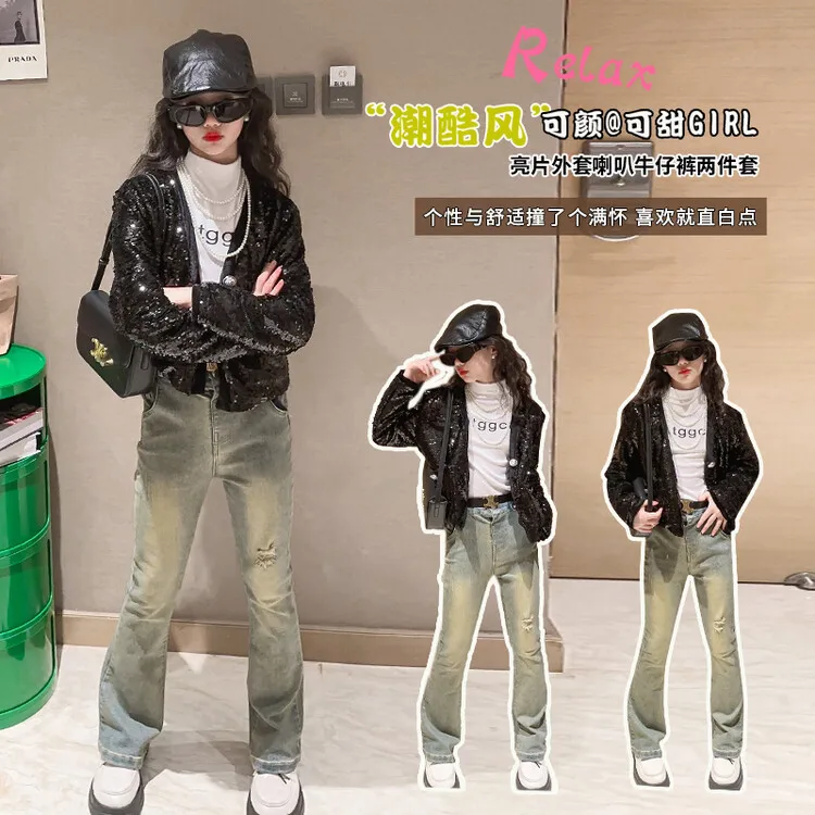 spring teen girls clothes set sequin coat+Elastic Flare Jeans 2pcs 4-14 kids suit children outfit conjuntos de menina conjunto
spring teen girls clothes set sequin coat+Elastic Flare Jeans 2pcs 4-14 kids suit children outfit conjuntos de menina conjunto