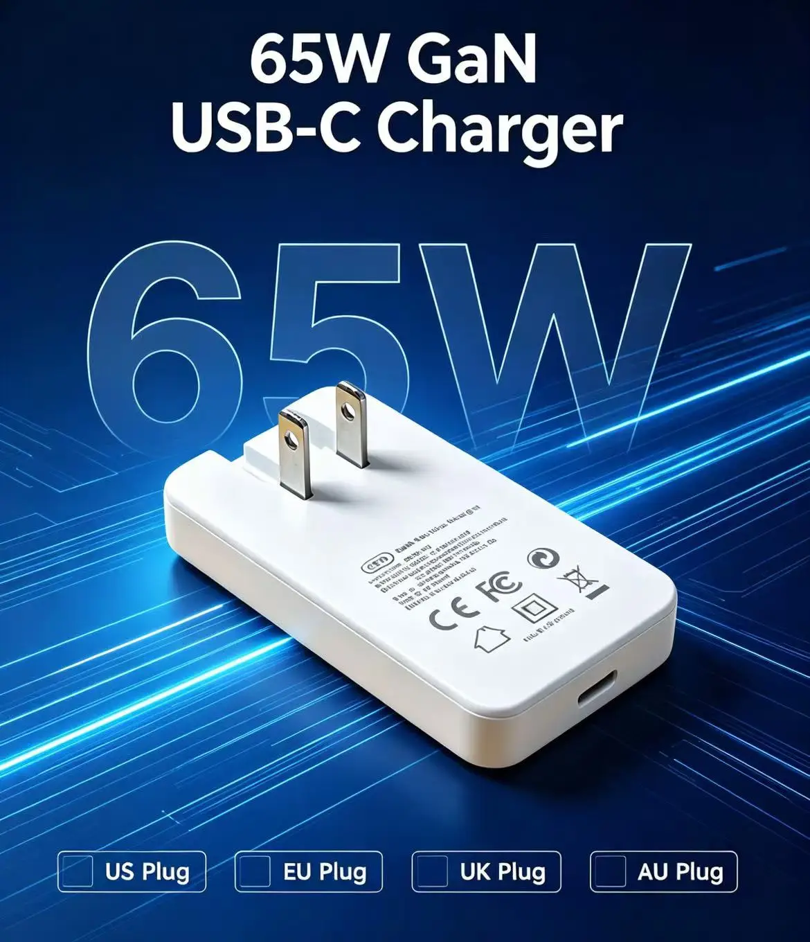 65W PD GaN Charger Multinational EU UK AU Replaceable Plug Universal Travel Charger with 1.8m Braided USB C Cable
65W PD GaN Charger Multinational EU UK AU Replaceable Plug Universal Travel Charger with 1.8m Braided USB C Cable
