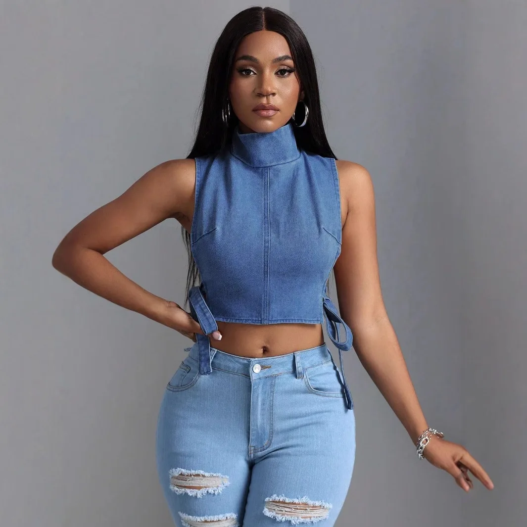 Women's INS new sexy lace up denim top solid color sleeveless half high collar lace up fashionable short style quality pullover
Women's INS new sexy lace up denim top solid color sleeveless half high collar lace up fashionable short style quality pullover