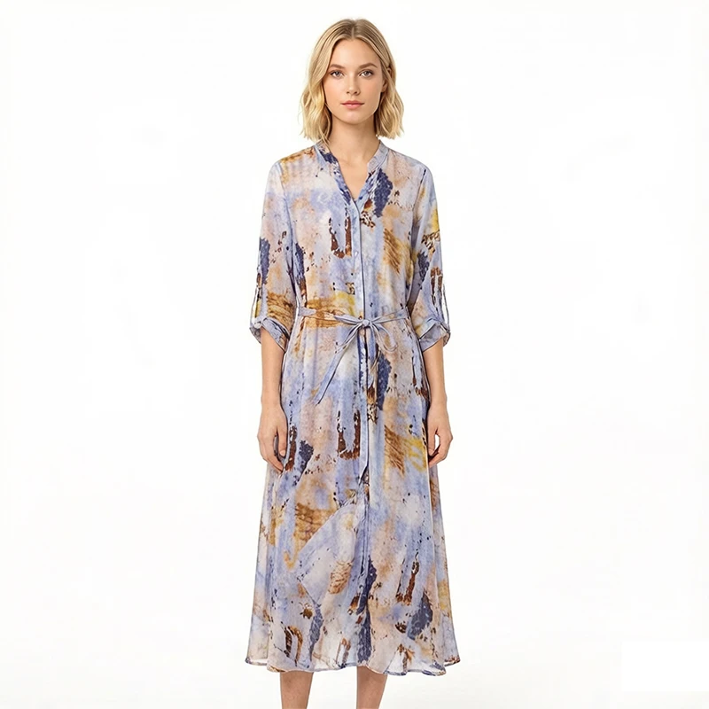 Women 100% Mulberry Silk Shirt Dress Blue Printed V Neck Split Long Midi Dresses Belted Waist Half Sleeve 2026 Summer MM801
Women 100% Mulberry Silk Shirt Dress Blue Printed V Neck Split Long Midi Dresses Belted Waist Half Sleeve 2026 Summer MM801