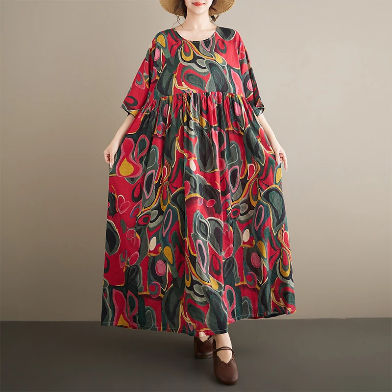 Ladies Summer Bohemian Loose Fit Cotton Linen Long Dress round Neck Short Sleeve Casual Citywalk Gown Vintage Large Size
Ladies Summer Bohemian Loose Fit Cotton Linen Long Dress round Neck Short Sleeve Casual Citywalk Gown Vintage Large Size