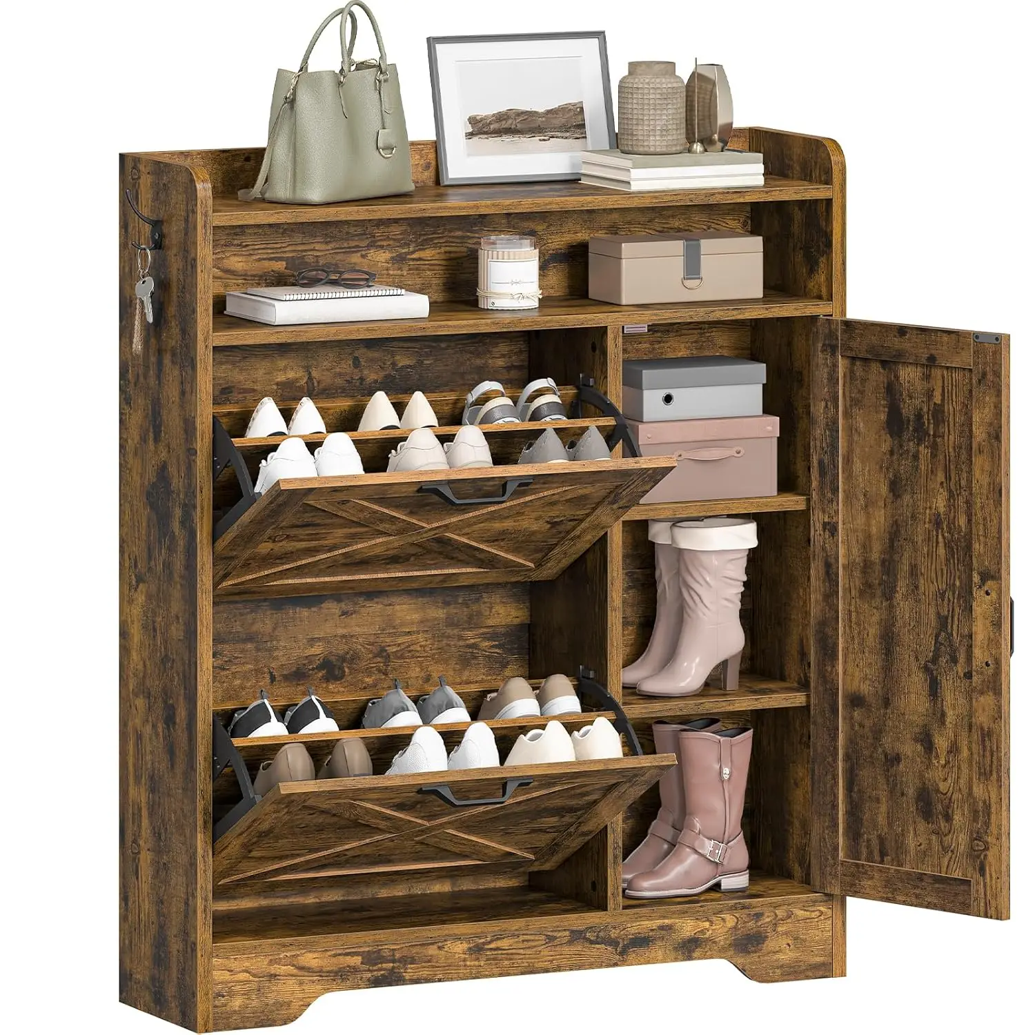 Slim Shoe Cabinet 2 Flip Drawers Side Storage Wooden Adjustable Shelves Entryway Small Spaces Rustic Brown Customized
Slim Shoe Cabinet 2 Flip Drawers Side Storage Wooden Adjustable Shelves Entryway Small Spaces Rustic Brown Customized