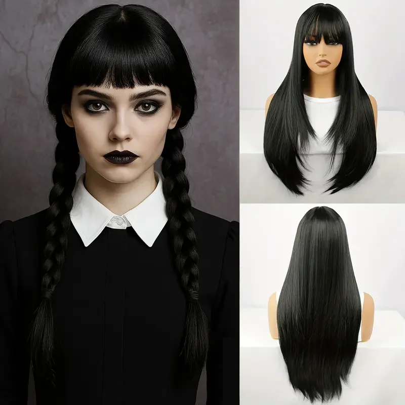 Halloween dress up Wednesday black long bangs straight wig, 26 inch synthetic fiber,for role-playing, parties, and holiday
Halloween dress up Wednesday black long bangs straight wig, 26 inch synthetic fiber,for role-playing, parties, and holiday