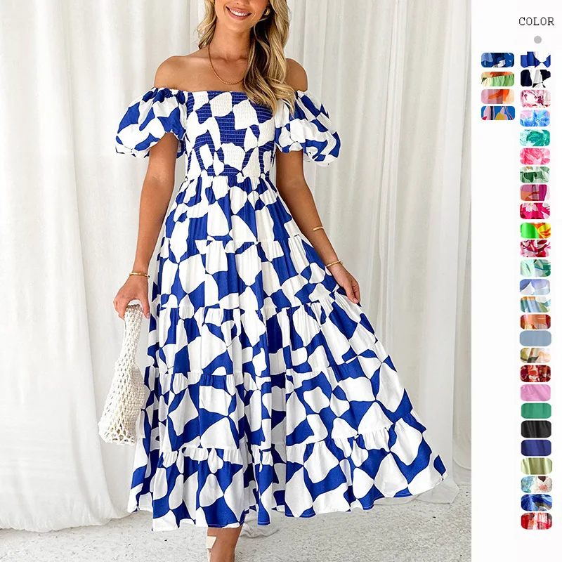 Bohemian Women's Maxi Dress Elegant Short Sleeve Beach Skirt One Line Neck Waist Fold Print Dressess Summer Fashion Vestido Robe
Bohemian Women's Maxi Dress Elegant Short Sleeve Beach Skirt One Line Neck Waist Fold Print Dressess Summer Fashion Vestido Robe