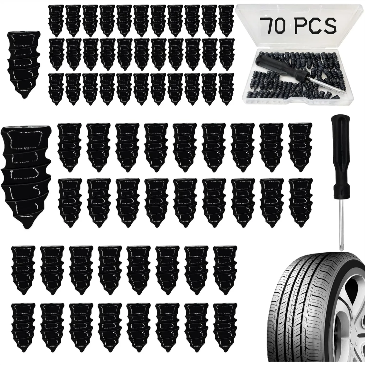70PCS Tire Repair Nails with Screwdriver, Heavy Duty Rubber Screw Plugs for Car Motorcycle Truck Jeep Puncture Repair (35S+35L)
70PCS Tire Repair Nails with Screwdriver, Heavy Duty Rubber Screw Plugs for Car Motorcycle Truck Jeep Puncture Repair (35S+35L)