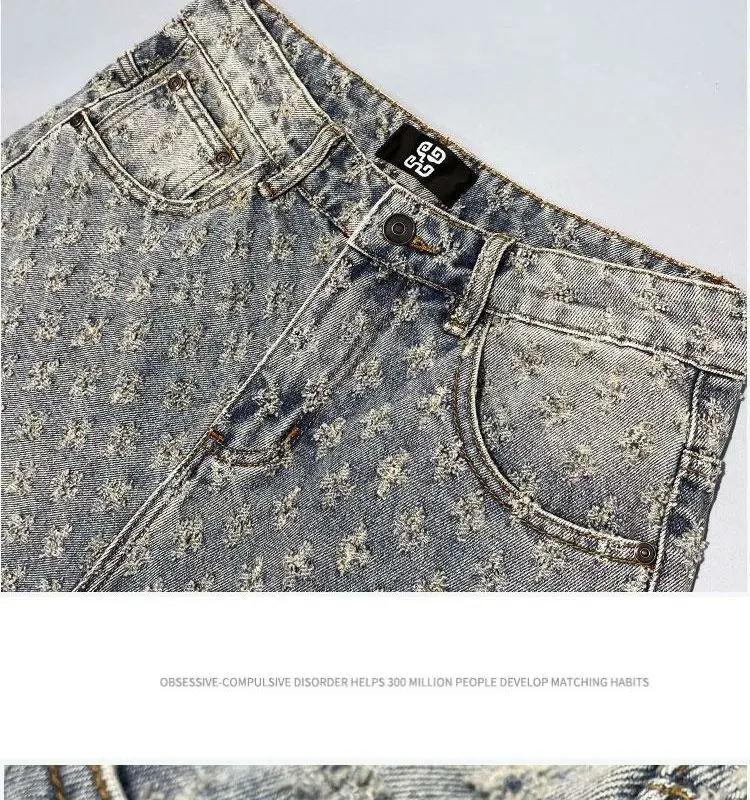 American Y2K Light Luxury Quality Retro Denim Shorts Summer Hip Hop INS Men Loose Shave Jacquard Couple Denim Five Point Pants 25 S0a93b033ceea483082f2ca0535ea48e9f