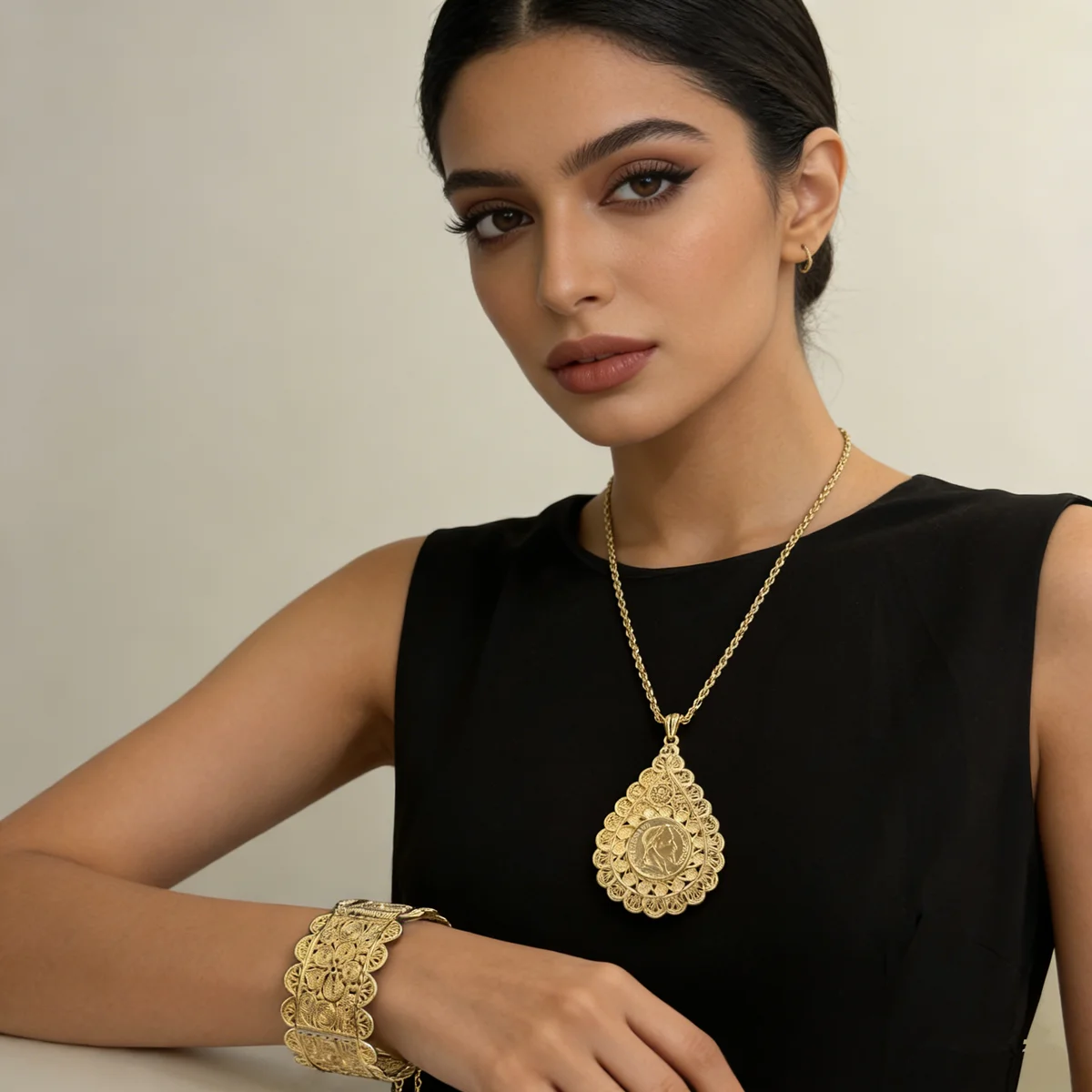 Opulent Bridal Jewelry Set - Golden Filigree Pendant Necklace & Bracelet With Intricate Details For Regal Wedding Day Elegance
Opulent Bridal Jewelry Set - Golden Filigree Pendant Necklace & Bracelet With Intricate Details For Regal Wedding Day Elegance