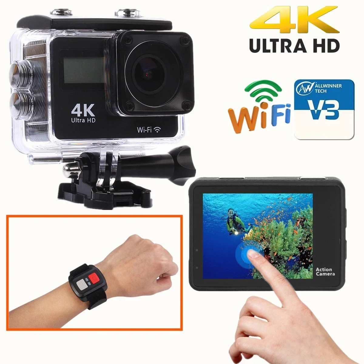 4K Ultra HD Action Camera Double IPS LCD WiFi 20MP 170D Webcam DVR 30M Waterproof Sport DV Helmet Video Camera Allwinner V3
4K Ultra HD Action Camera Double IPS LCD WiFi 20MP 170D Webcam DVR 30M Waterproof Sport DV Helmet Video Camera Allwinner V3