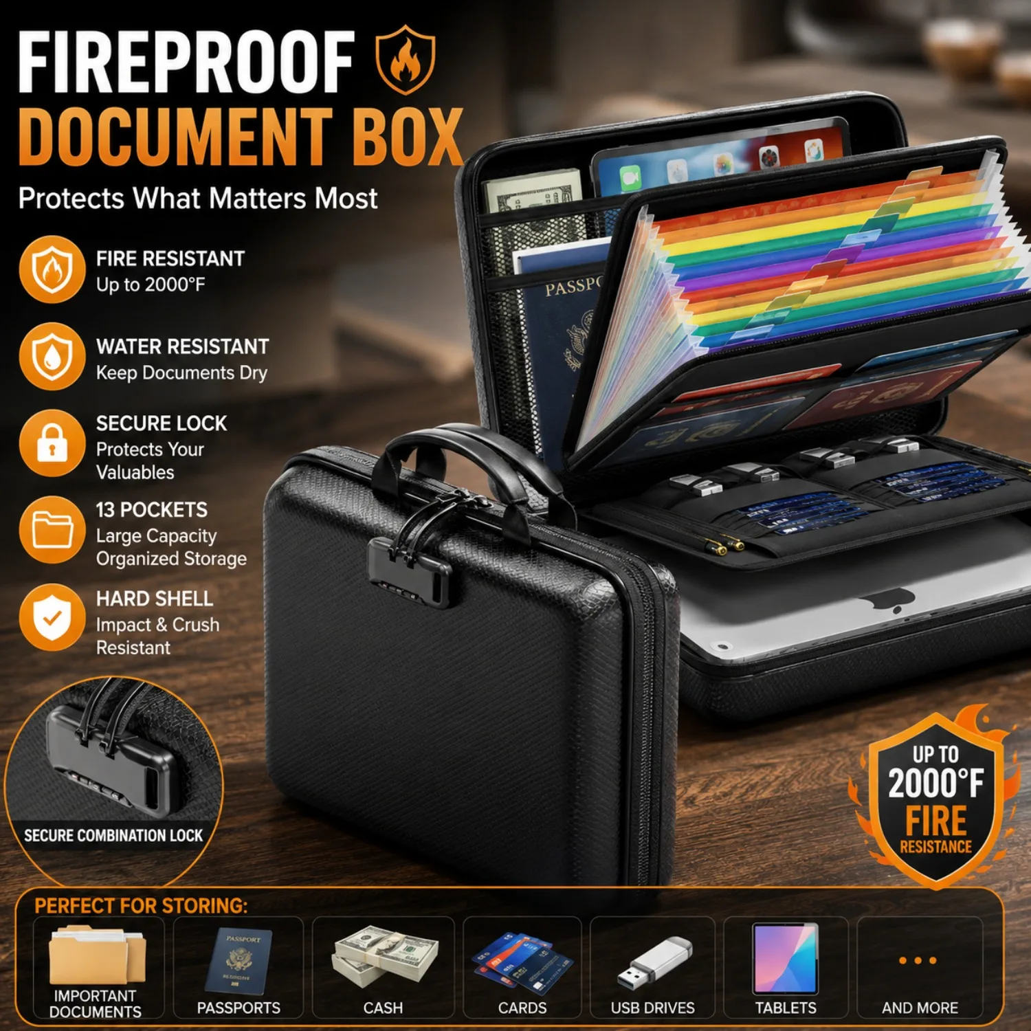 Fireproof Document Box File Organizer,Hard-Shell Case with Lock&13 Pocket,Safe Storage for Important Documents and Files
Fireproof Document Box File Organizer,Hard-Shell Case with Lock&13 Pocket,Safe Storage for Important Documents and Files