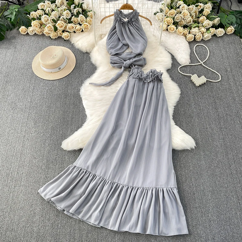 Сексуальная юбка с открытой спиной и лямкой на шее, на шнуровке, с рюшами по краям, топ с высокой талией, облегающая длинная юбка, элегантный комплект из двух предметов
Сексуальная юбка с открытой спиной и лямкой на шее, на шнуровке, с рюшами по краям, топ с высокой талией, облегающая длинная юбка, элегантный комплект из двух предметов