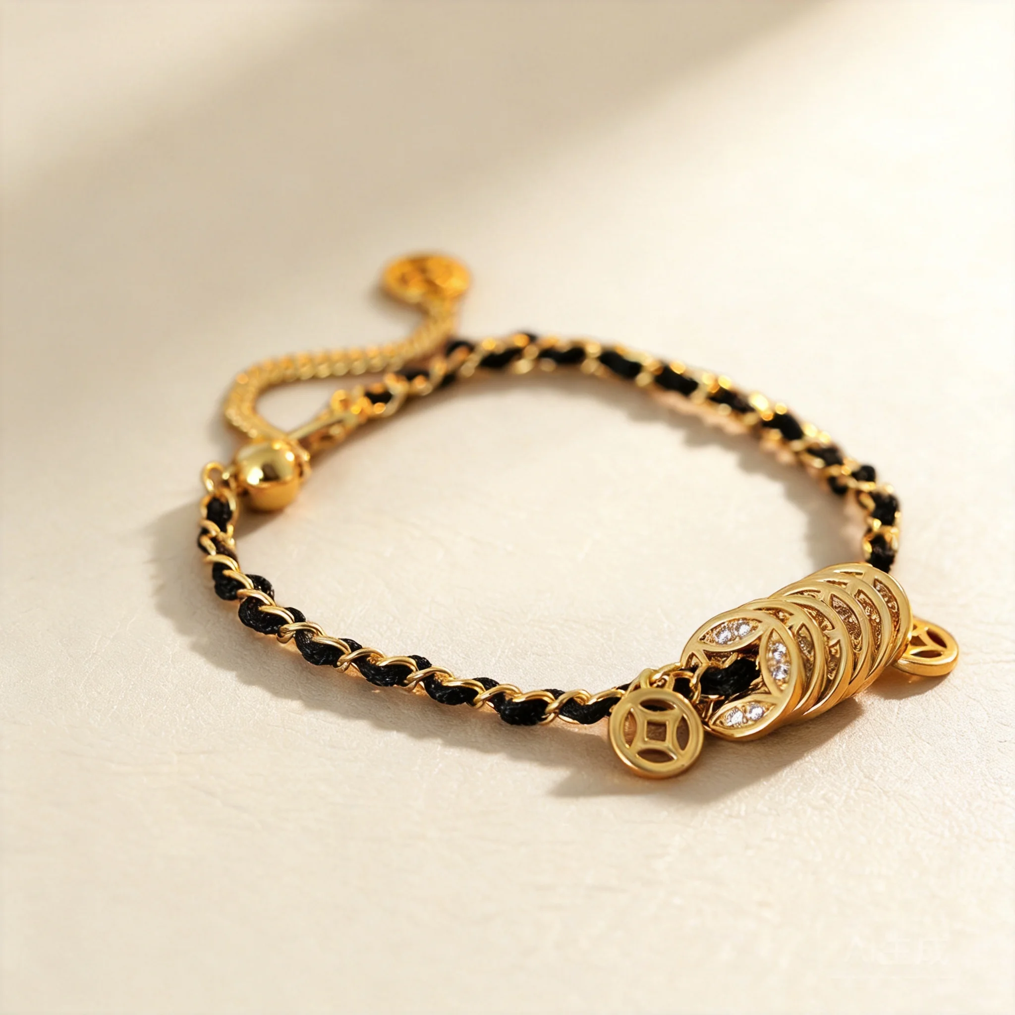 Chinese Style Lucky Five Emperor Coins Bracelet Black Gold Woven Inlaid Shiny Rhinestone Wealth Attracting Feng Shui Adjustable
Chinese Style Lucky Five Emperor Coins Bracelet Black Gold Woven Inlaid Shiny Rhinestone Wealth Attracting Feng Shui Adjustable