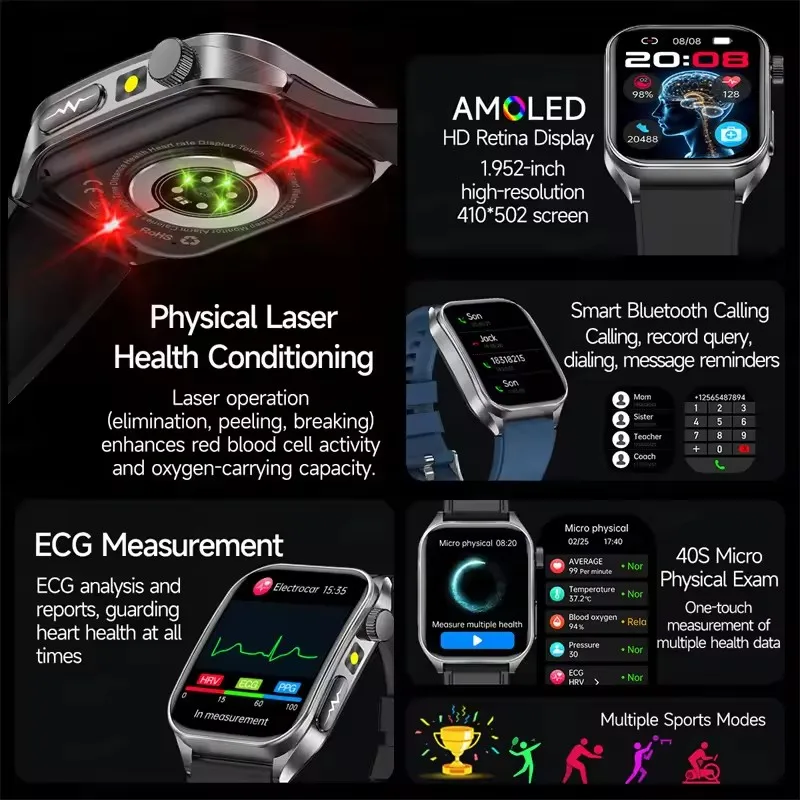 2025New Laser Therapy ECG+PPG Smart Watch Men 3D Curve Sapphire Glass Blood Pressure Uric Acid Lipid Sport BT Call Smartwatches 
2025New Laser Therapy ECG+PPG Smart Watch Men 3D Curve Sapphire Glass Blood Pressure Uric Acid Lipid Sport BT Call Smartwatches