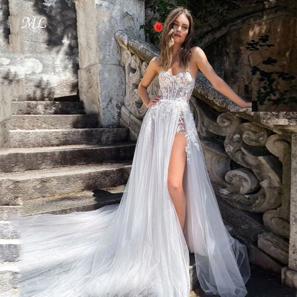 ML Sexy Floral Appliques Wedding Dresses Sweetheart Side High Slit Tulle Train A-Line Bridal Gown Customized robe de mariee
ML Sexy Floral Appliques Wedding Dresses Sweetheart Side High Slit Tulle Train A-Line Bridal Gown Customized robe de mariee