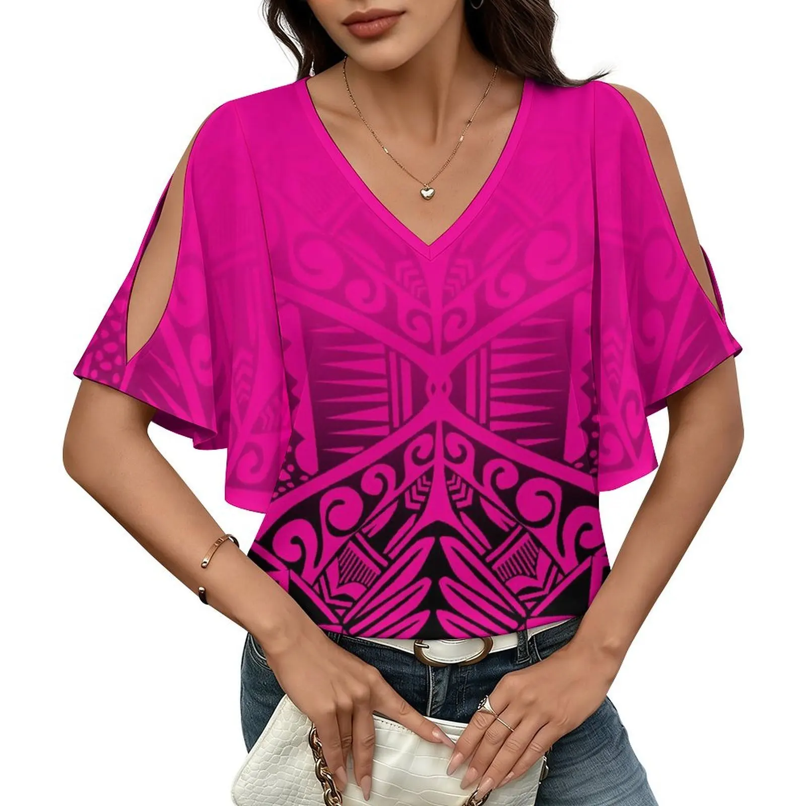 Available For Wholesale Elegant Loose-Fitting Fashionable Polynesian Style Women'S V-Neck Ruffled Sleeve Open Design T-Shirt
Available For Wholesale Elegant Loose-Fitting Fashionable Polynesian Style Women'S V-Neck Ruffled Sleeve Open Design T-Shirt