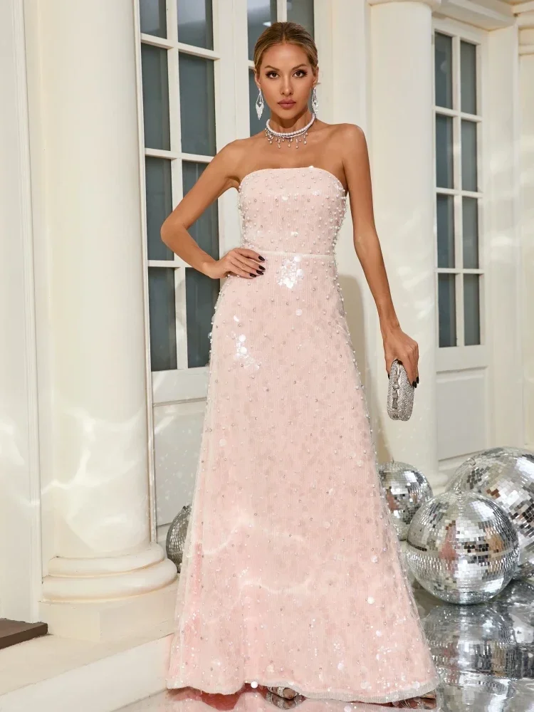 Sexy Strapless Sequins Embroidered Flares Maxi Dress Women Apricot Pink Sleeveelss Backless Pearl Slim Dresses Party Evening
Sexy Strapless Sequins Embroidered Flares Maxi Dress Women Apricot Pink Sleeveelss Backless Pearl Slim Dresses Party Evening