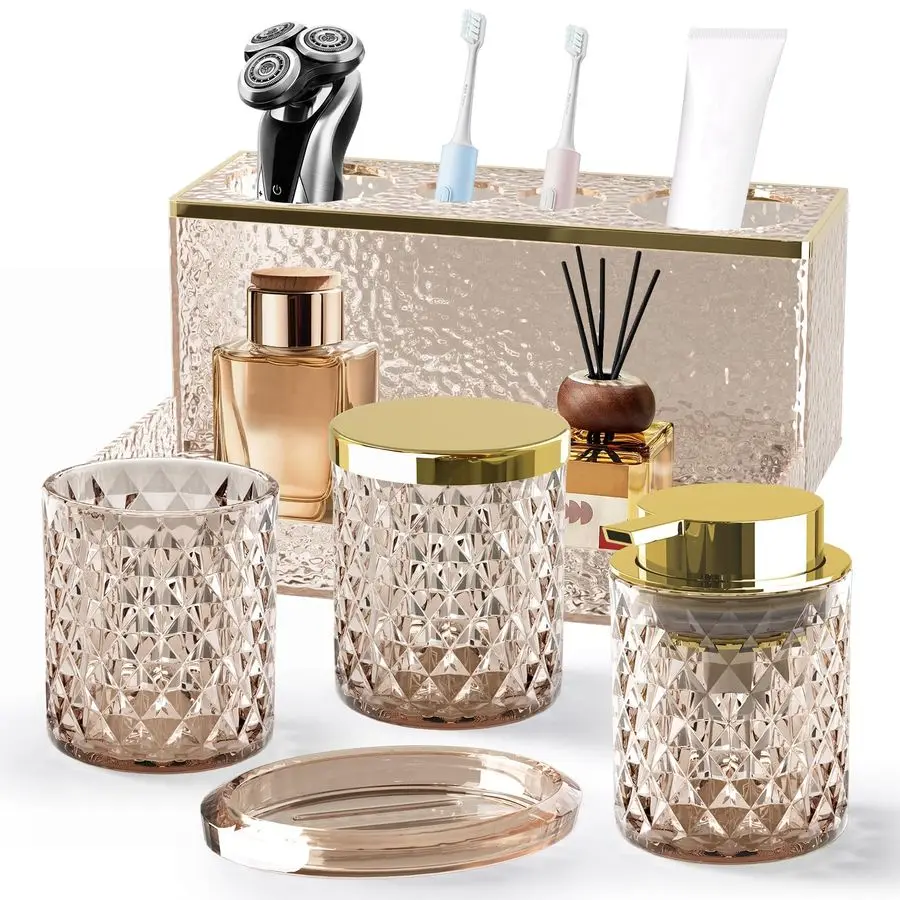 Bathroom Accessories Set 5Pcs Crystal Brown Foaming Soap Dispenser, Soap Dish, Cup, Acrylic Toothbrush Holder with Tray Organize
Bathroom Accessories Set 5Pcs Crystal Brown Foaming Soap Dispenser, Soap Dish, Cup, Acrylic Toothbrush Holder with Tray Organize