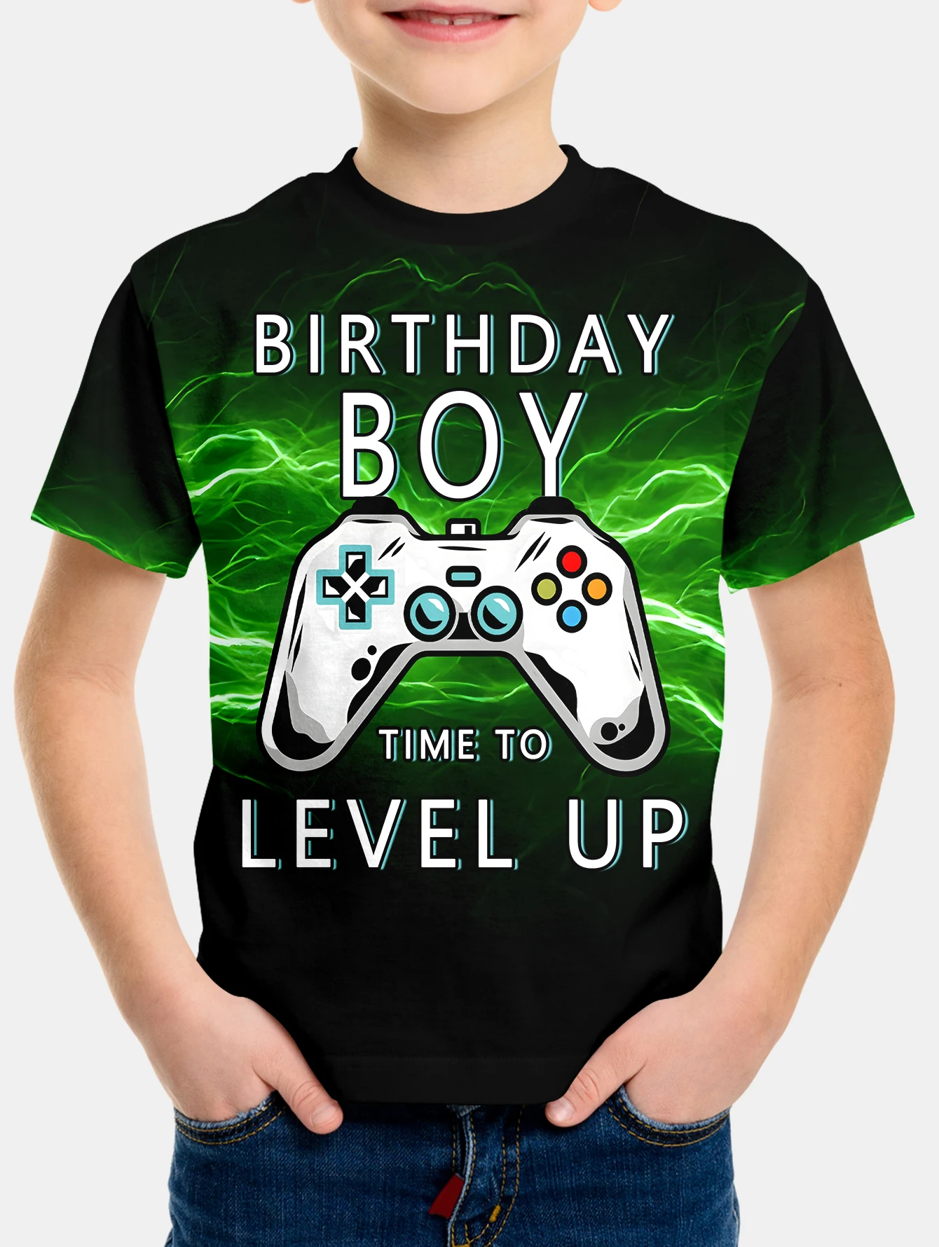 Boys'Green Lightning Game Console summer round neck short sleeved T-shirt, casual lightweight and comfortable top, 3D printed
Boys'Green Lightning Game Console summer round neck short sleeved T-shirt, casual lightweight and comfortable top, 3D printed
