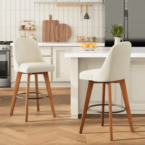 26 Inch Counter Height Bar Stools Set Of 2, 360° Swivel Linen Upholstered Kitchen Island Chairs With Backs, Wood Legs & Footrest