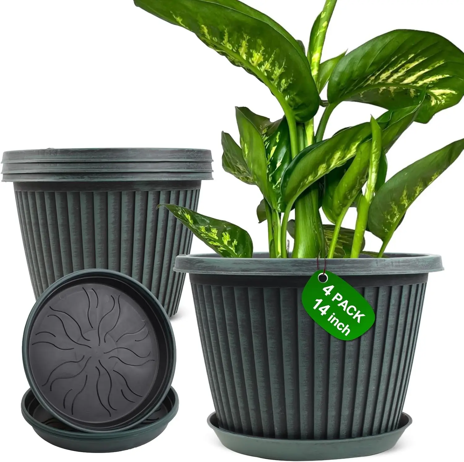 14" 4-Pack Plastic Plant Pots with Saucers & Drainage, Indoor/Outdoor, Modern Ribbed Design
14" 4-Pack Plastic Plant Pots with Saucers & Drainage, Indoor/Outdoor, Modern Ribbed Design