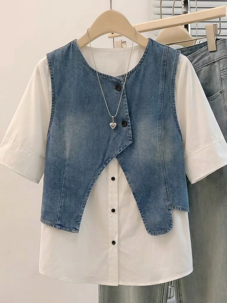 Irregular Denim Shirt Women's Shoulder Length Upper Apparel plus Size Fat MM Medium Length Top Two-Piece Set Summer New
Irregular Denim Shirt Women's Shoulder Length Upper Apparel plus Size Fat MM Medium Length Top Two-Piece Set Summer New