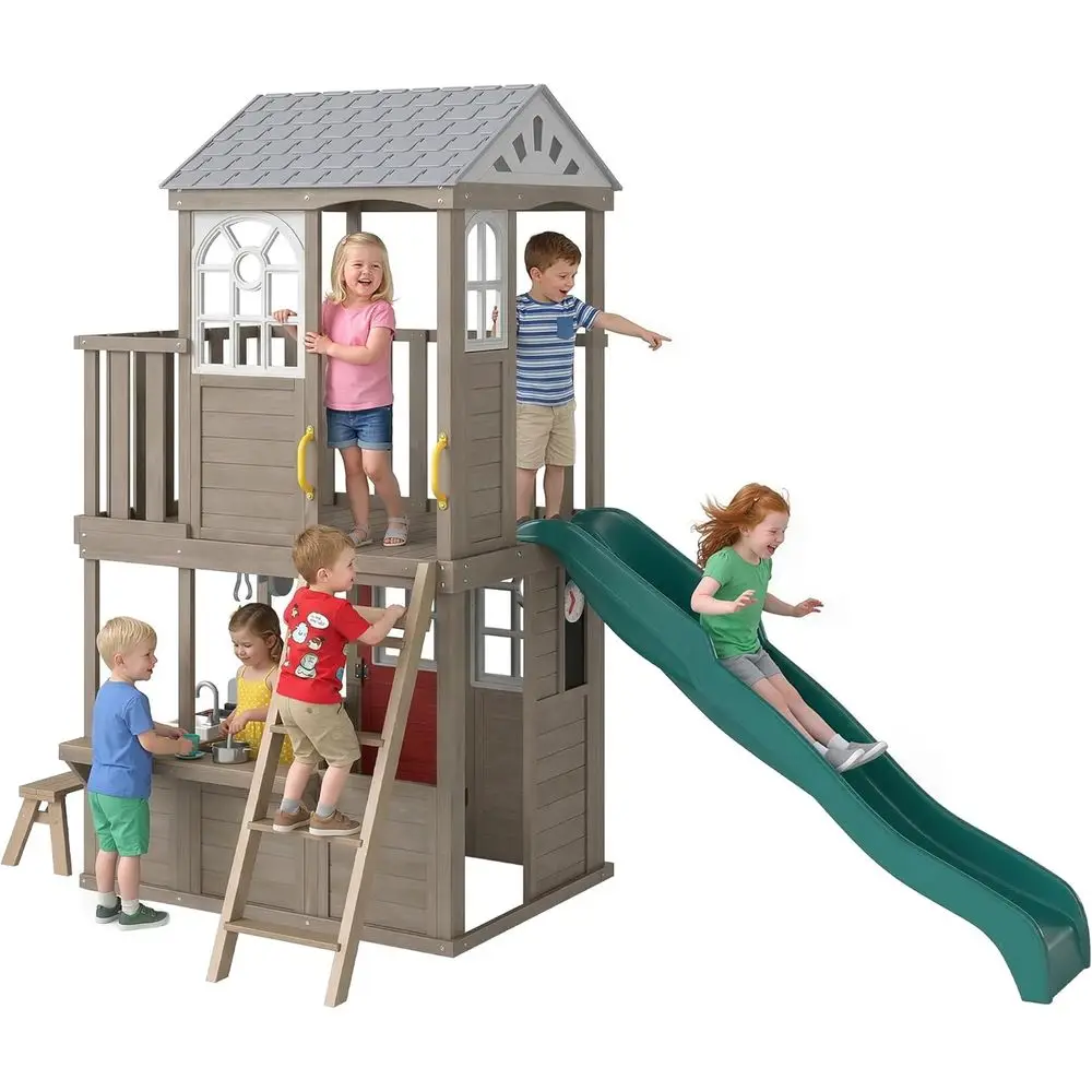 Wooden Playhouse with Slide, Bench, BBQ Play Kitchen, Ladder, Outdoor Play Area for Kids Age 2+
Wooden Playhouse with Slide, Bench, BBQ Play Kitchen, Ladder, Outdoor Play Area for Kids Age 2+