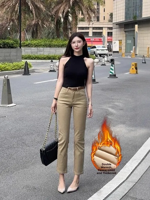 Женские зимние джинсы с высокой талией, прямые, цвета хаки, на подкладке, стрейч, из хлопка, с застежкой-молнией, повседневные, облегающие
Женские зимние джинсы с высокой талией, прямые, цвета хаки, на подкладке, стрейч, из хлопка, с застежкой-молнией, повседневные, облегающие