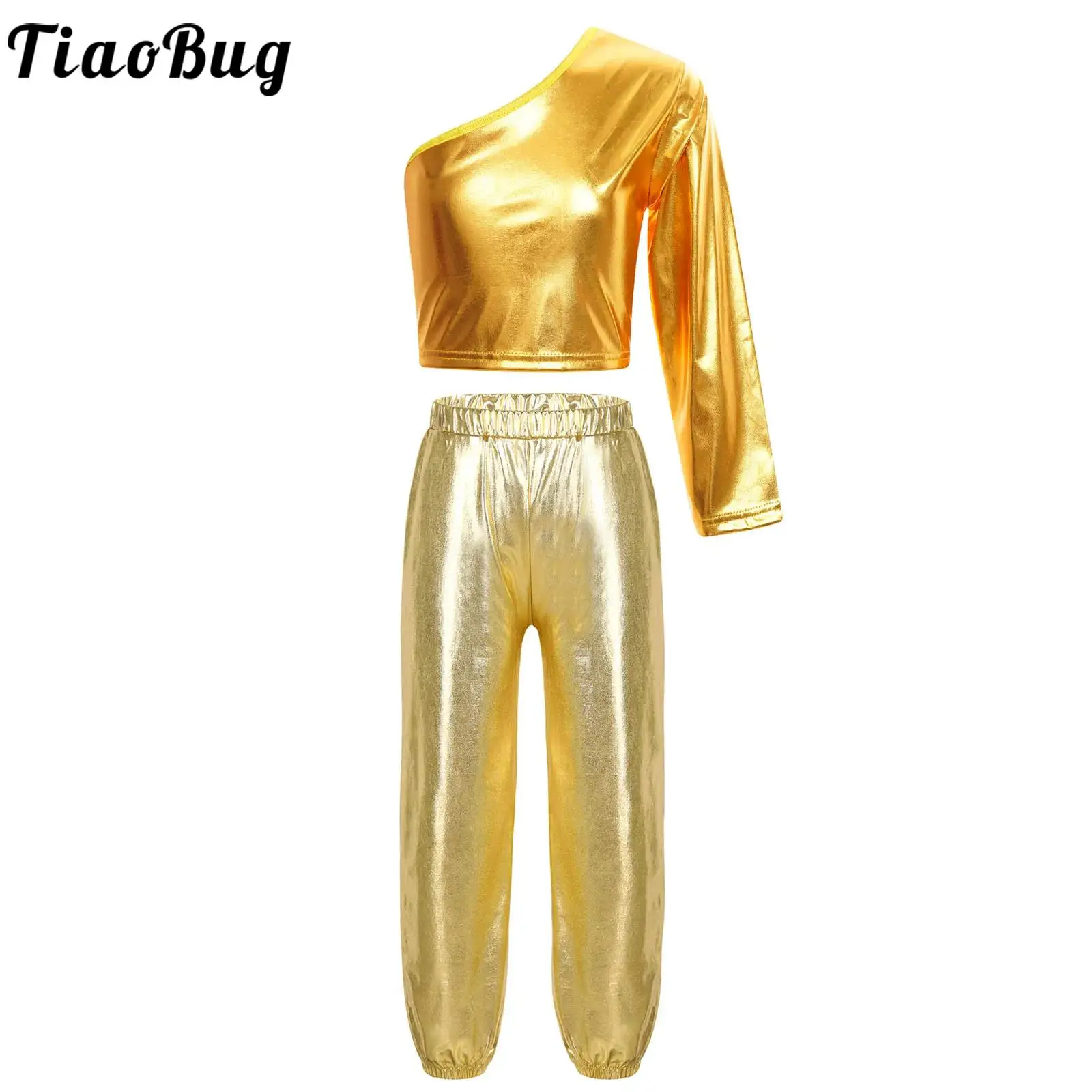 2PCS Kids Girls Sports Set Metallic One Shoulder Long Sleeve Crop Top with Pants Dance Performance Training Competition Costumes
2PCS Kids Girls Sports Set Metallic One Shoulder Long Sleeve Crop Top with Pants Dance Performance Training Competition Costumes