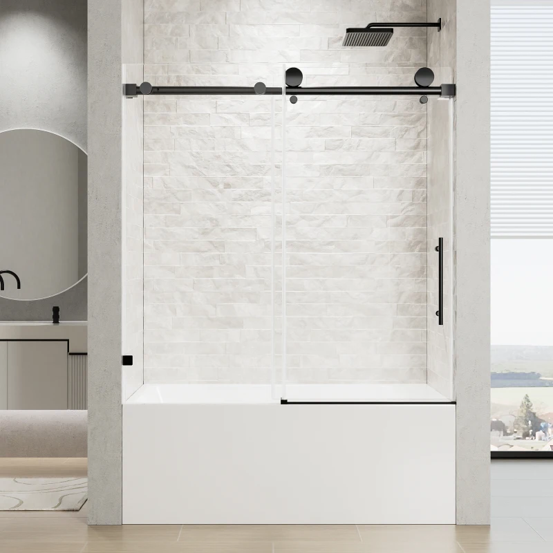 56"-60" W x 60" H Frameless Single Sliding Shower Door, Matte Black Bathtub Door, 5/16" (8mm) Clear Tempered Glass With Explo
56"-60" W x 60" H Frameless Single Sliding Shower Door, Matte Black Bathtub Door, 5/16" (8mm) Clear Tempered Glass With Explo