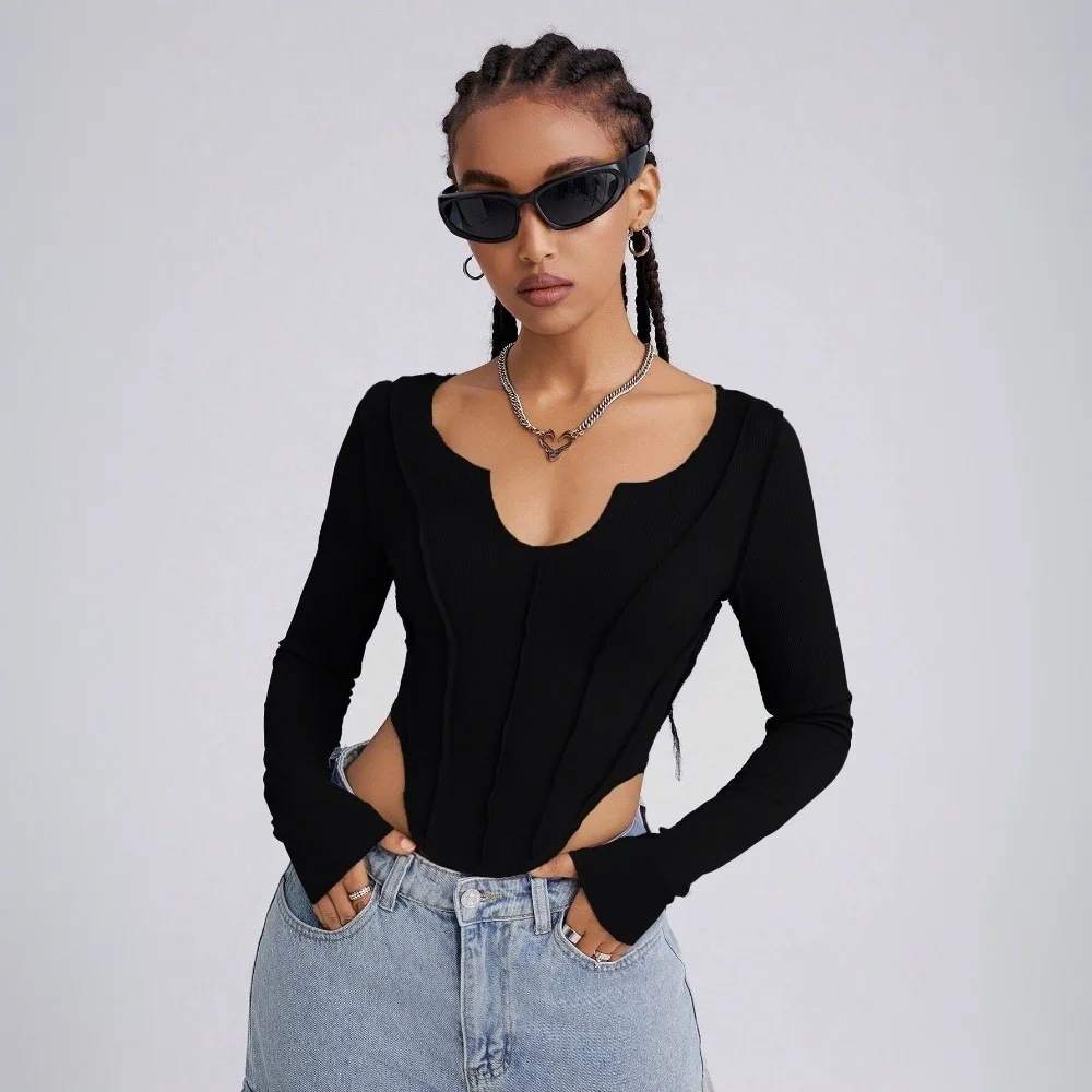 DSMTRC Y2k Уличная черная модная укороченная футболка с обратной строчкой, женская весенняя узкая асимметричная короткая узкая футболка с длинными рукавами
DSMTRC Y2k Уличная черная модная укороченная футболка с обратной строчкой, женская весенняя узкая асимметричная короткая узкая футболка с длинными рукавами