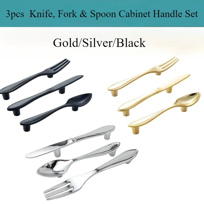 3pcs Knife, Fork & Spoon Cabinet Handle Set - Black/Golden/Silvery, 3" Center Hole, Finish for Kitchen, Bathroom & Bedroom
3pcs Knife, Fork & Spoon Cabinet Handle Set - Black/Golden/Silvery, 3" Center Hole, Finish for Kitchen, Bathroom & Bedroom