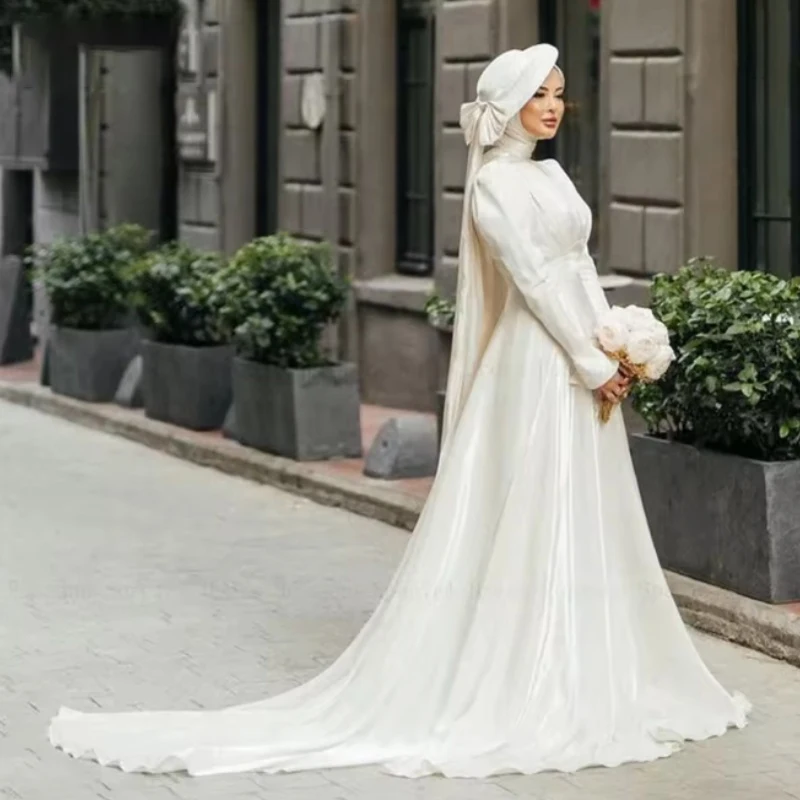 Simple Weddings Dresses for Muslim Bride High Collar Long Sleeve A-Line with Cape Sweep Train Satin Bridal Gowns Customized 
Simple Weddings Dresses for Muslim Bride High Collar Long Sleeve A-Line with Cape Sweep Train Satin Bridal Gowns Customized