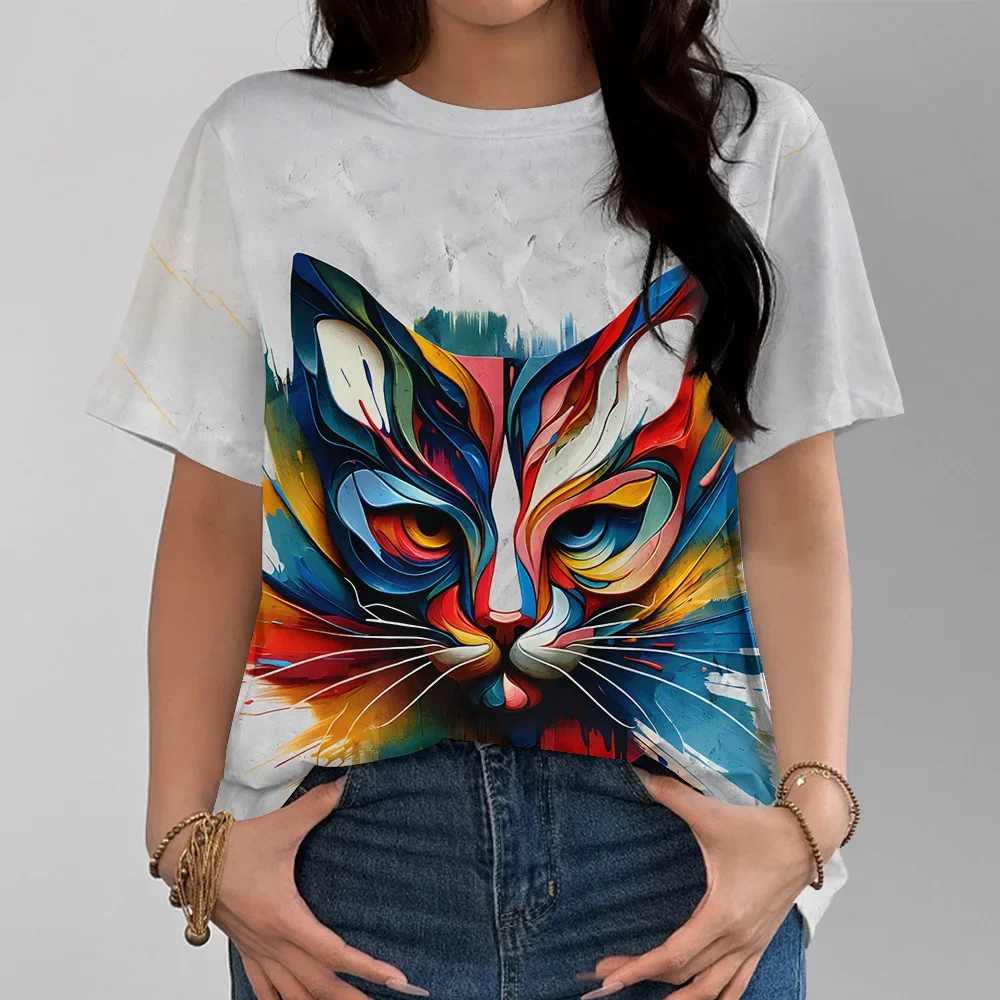 Женская футболка с красочным рисунком кота и белым узором, модная повседневная свободная удобная пуловер с короткими рукавами унисекс, уличная одежда Y2K 
Женская футболка с красочным рисунком кота и белым узором, модная повседневная свободная удобная пуловер с короткими рукавами унисекс, уличная одежда Y2K