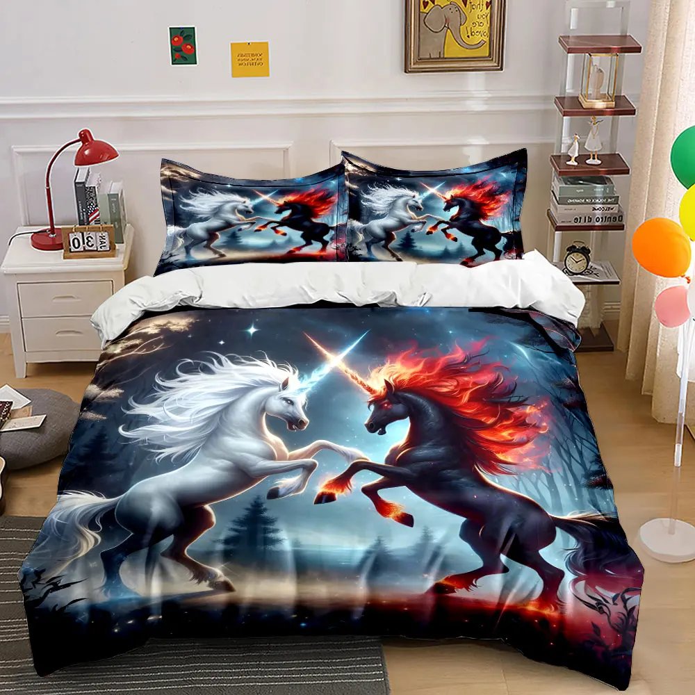 White and black unicorns clash in forest Print Bedding Set 1 Duvet Cover 2 Pillowcases for Adult and Children Luxury Gift
White and black unicorns clash in forest Print Bedding Set 1 Duvet Cover 2 Pillowcases for Adult and Children Luxury Gift
