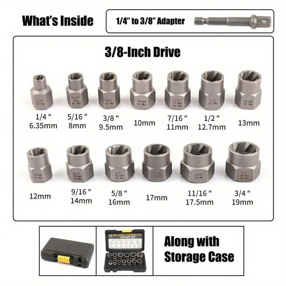 8 Drive Impact Bolt Extractor Set Nut Remover Extraction Socket Tools 14pcs,Tools For Men
8 Drive Impact Bolt Extractor Set Nut Remover Extraction Socket Tools 14pcs,Tools For Men