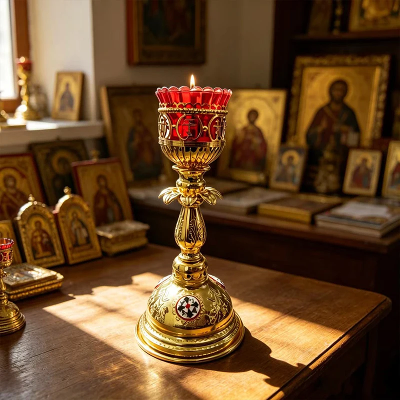 Orthodox Vigil Lamp Lampada with Red Glass Gold Metal Stand 11.6 Inch Ornate Candle Holder for Home Altar Christian Decor Gift
Orthodox Vigil Lamp Lampada with Red Glass Gold Metal Stand 11.6 Inch Ornate Candle Holder for Home Altar Christian Decor Gift